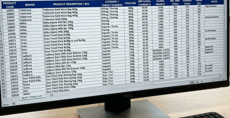 A must-stock list spreadsheet of priority SKUs on a desktop monitor